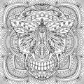 Butterfly and skull drawn on a square mandala with stylized floral ornaments folk for coloring, vector, coloring book pages, manda